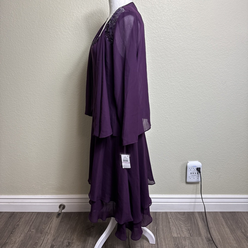 SLNY Beaded Chiffon Tiered Jacket Dress 2-Pc 6P Deep Plum Mother of the Bride - Picture 4 of 12